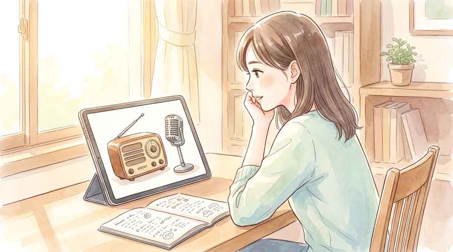 PIC3 | alt: サッカー解説をしながら身振りで語る男性のシルエットを見て納得する女性古いラジオとマイクの前でメモを取るアナウンサーのイラスト