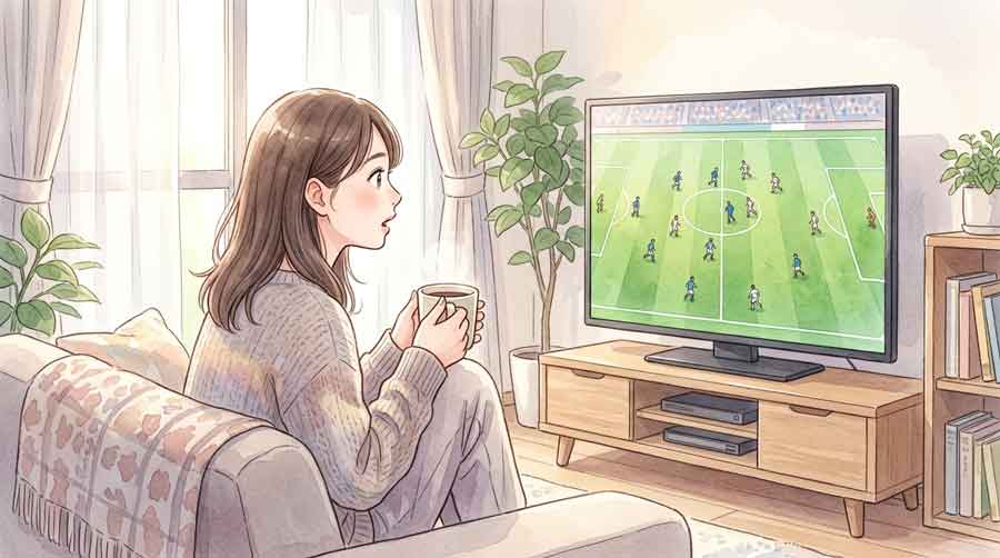 早朝にテレビでサッカー中継を見て驚いた表情の女性