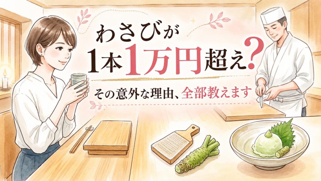 鮫皮おろし金で本わさびを擦り下ろしながら微笑む日本人女性のイラスト