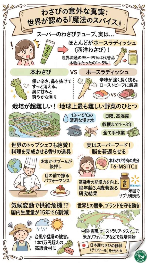 わさびが1本1万円超え?知らないと損する本わさびの世界的な人気と意外な真実インフォグラフ