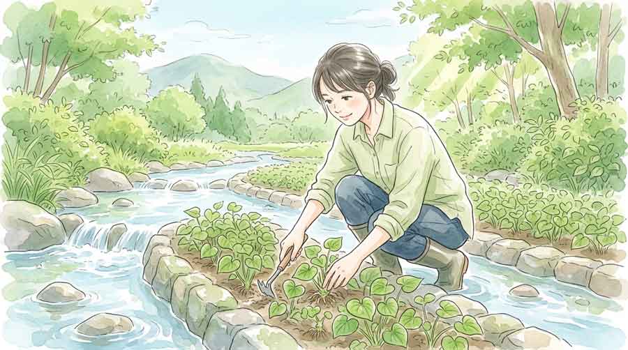 山間の渓流沿いのわさび田が水害で被害を受けた様子と心配そうな農家の女性のイラスト