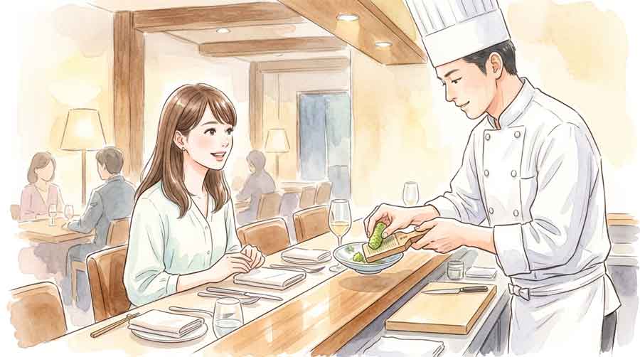 欧米の高級レストランのカウンターでシェフが本わさびを擦り下ろすシーンのイラスト