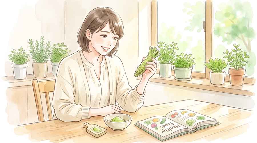 本わさびの根茎を手に持ってにっこりする女性と脳のイメージイラスト