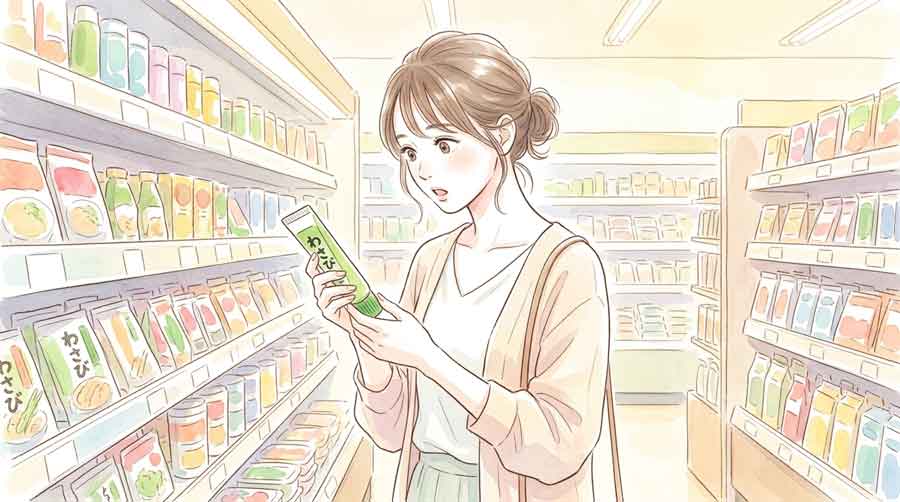 スーパーのわさびチューブを手に取って驚いた表情の女性のイラスト
