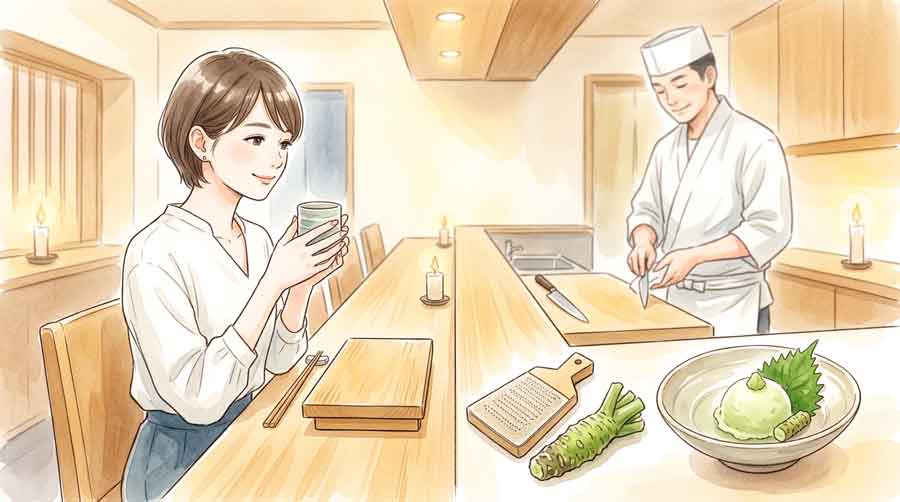 鮫皮おろし金で本わさびを擦り下ろしながら微笑む日本人女性のイラスト
