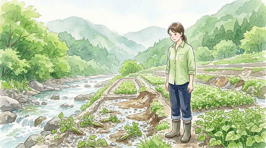 長野県のわさび農園で丁寧に手作業でわさびを育てる女性農家のイラスト