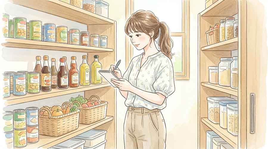 自宅のパントリーで食品備蓄をメモしながらチェックしている女性