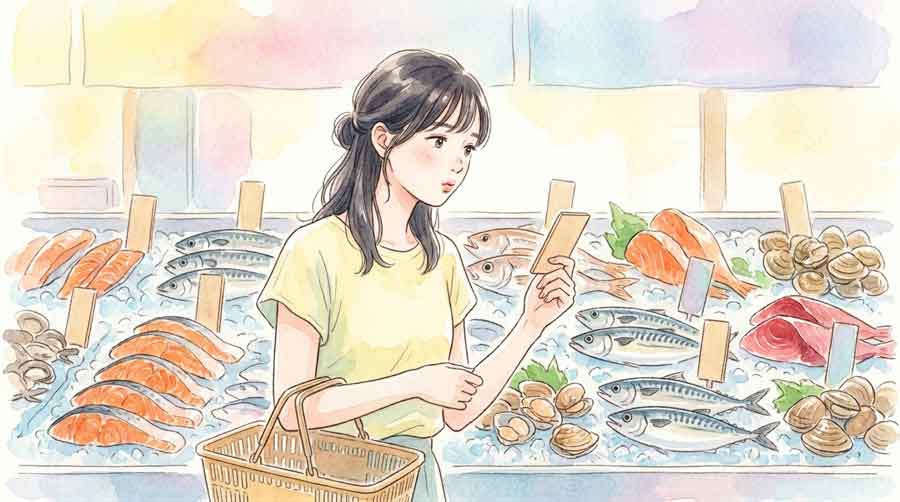 スーパーの鮮魚コーナーで値段を見て考え込む女性