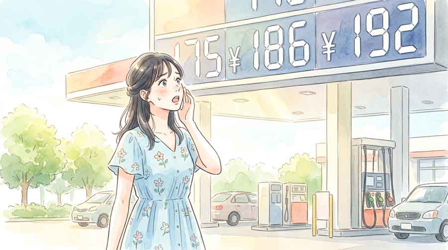 ガソリンスタンドの価格表示を見上げて驚いている女性