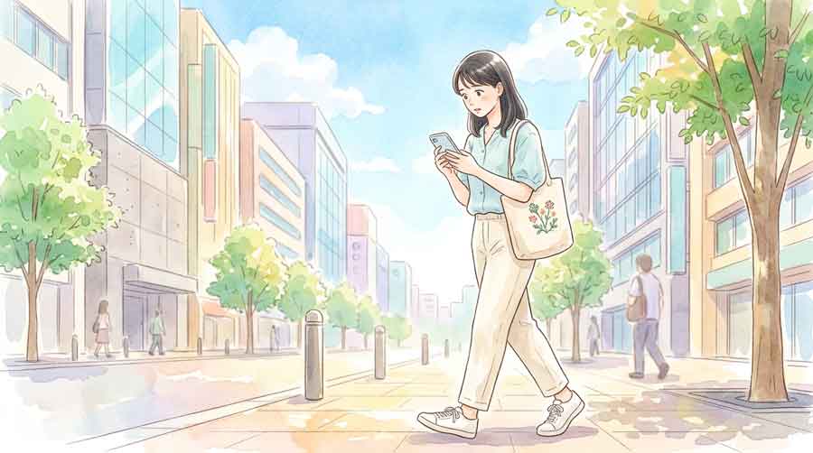 夏の街角でスマートフォンの地図を見ながら驚いた表情の女性