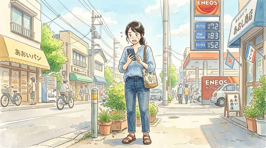 スマートフォンでガソリン価格のニュースを見て不安そうな表情の女性