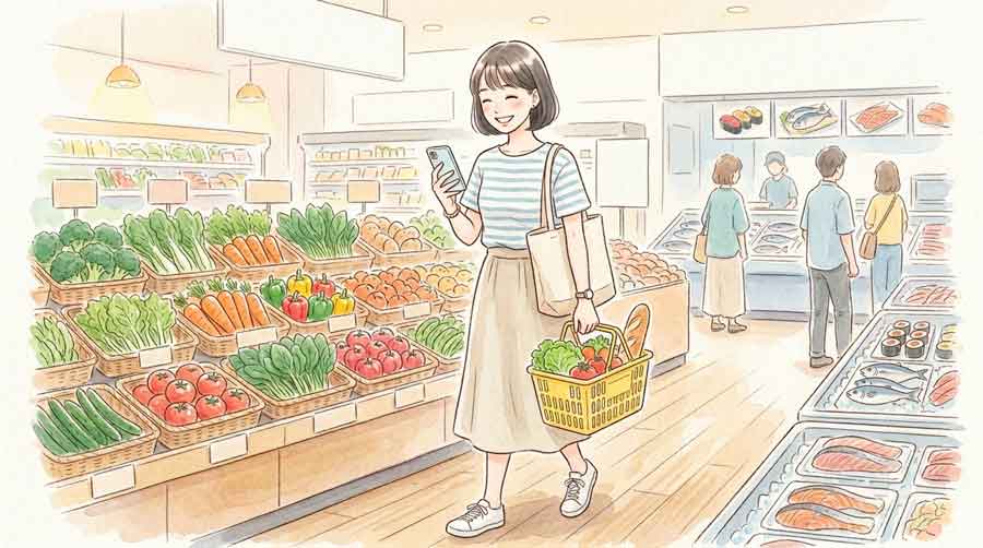 スーパーで食材を選びながらスマートフォンで価格を調べる女性のイラスト