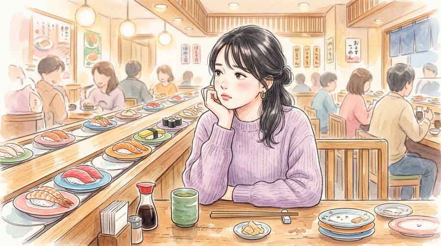 回転寿司のカウンターでメニューを見て考える女性のイラスト