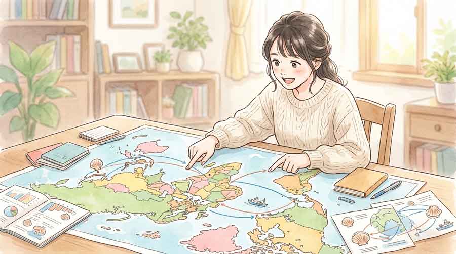 世界地図を前にホタテの輸出状況を確認する女性のイラスト