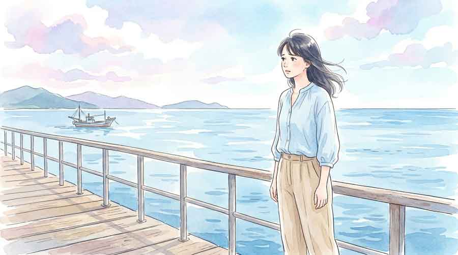 北海道の海でホタテが育たない状況を心配する女性のイラスト