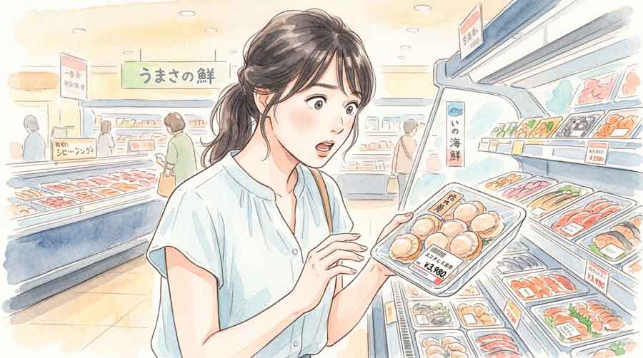 値段タグのついたホタテの貝柱を手に取り驚く女性のイラスト