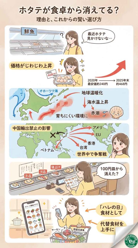 ホタテが食卓から消えてる？値上がりの理由と、これからの賢い選び方を一緒にチェックしよう！インフォグラフ