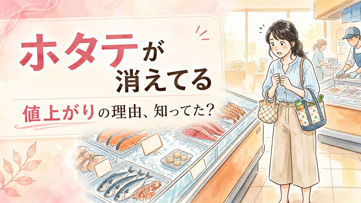 スーパーの鮮魚売り場でホタテを探す若い女性のイラスト