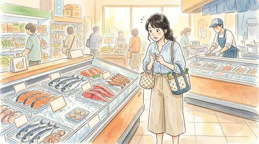 スーパーの鮮魚売り場でホタテを探す若い女性のイラスト