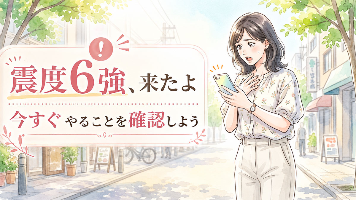 スマートフォンで地震速報を受け取り、驚いた表情で画面を見る女性