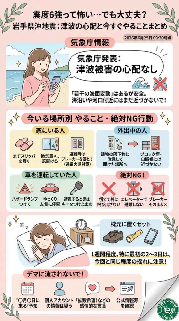 震度6強って怖い…でも大丈夫？岩手県沖地震で今すぐやることと津波の心配をまとめてみたインフォグラフ