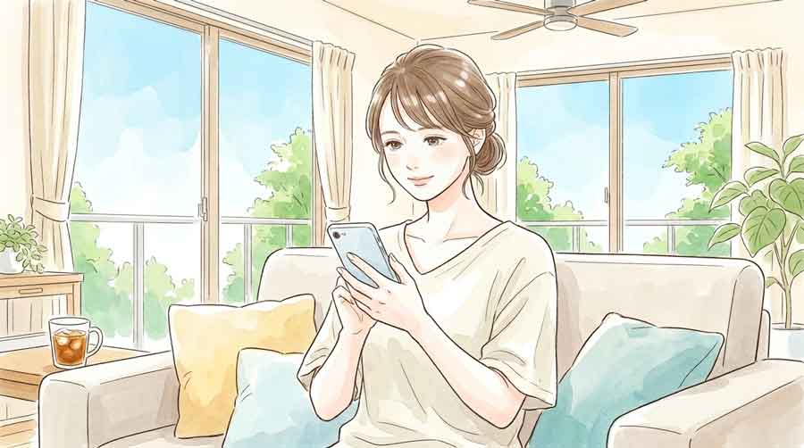 スマートフォンで公式の気象庁ページを確認している落ち着いた表情の女性