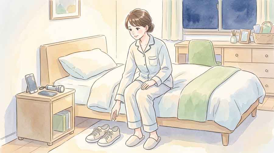 枕元に靴と懐中電灯を置いて就寝前の備えをしている女性