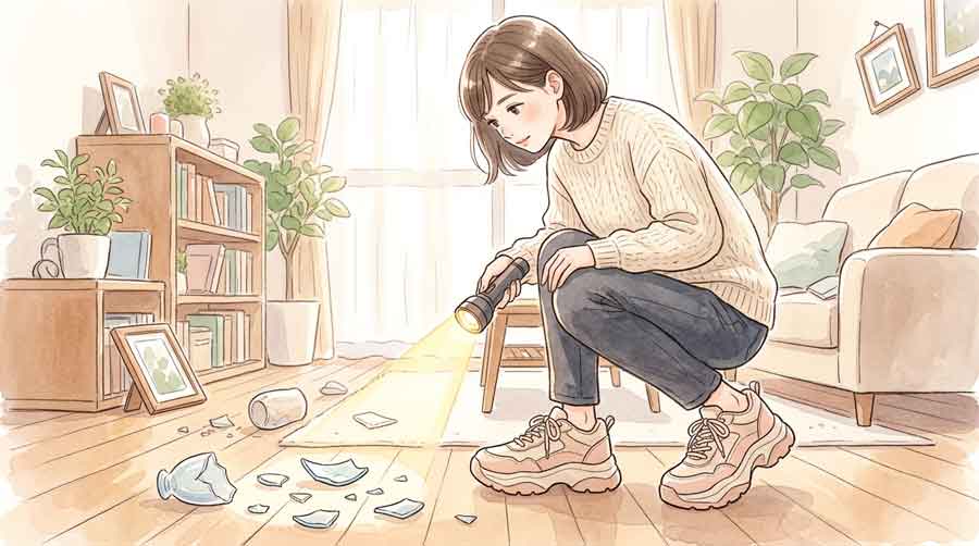 地震後に室内で割れたガラスに注意しながら靴を履いて安全を確保する女性