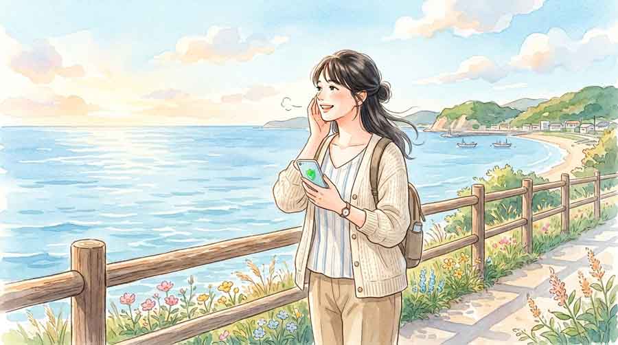海岸沿いを眺めながら安堵した表情でスマートフォンの情報を確認する女性