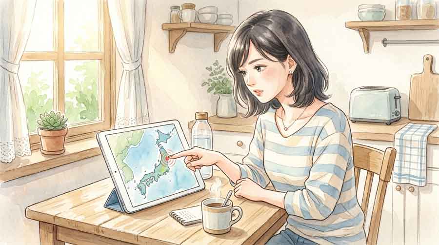 日本列島の地図を指差しながら震源地を確認している女性のイラスト