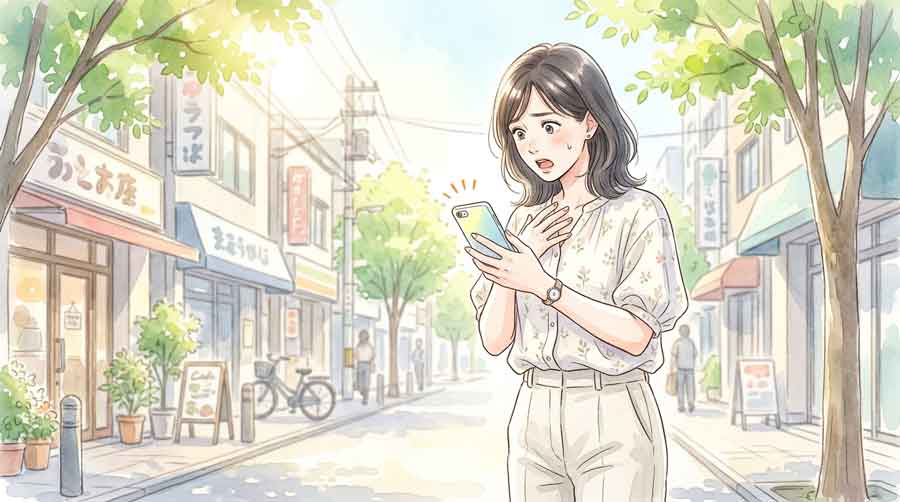 スマートフォンで地震速報を受け取り、驚いた表情で画面を見る女性