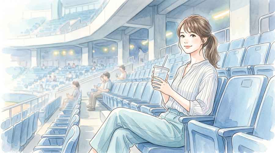 涼しいスタジアムの座席でリラックスしながら観戦する女性