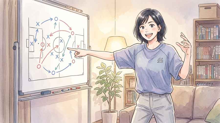 サッカーの戦術板を指差しながら興奮している女性