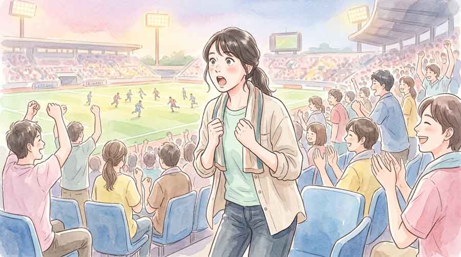 サッカー観戦中に驚いた表情でスタンドから立ち上がる女性