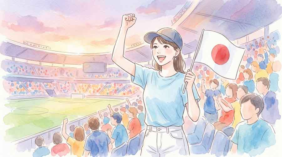 サッカースタジアムのスタンドで日本代表の応援旗を振る女性