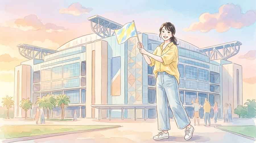 PIC2 | alt: ヒューストンのスタジアム前で応援グッズを持って笑顔で立つ女性
