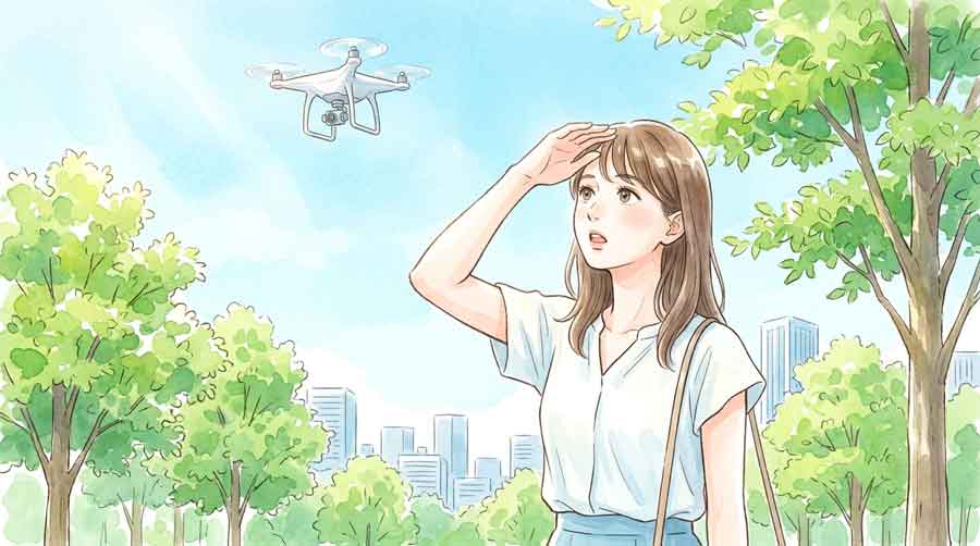 空を飛ぶ小型ドローンと都市の上空を見上げる女性のイラスト
