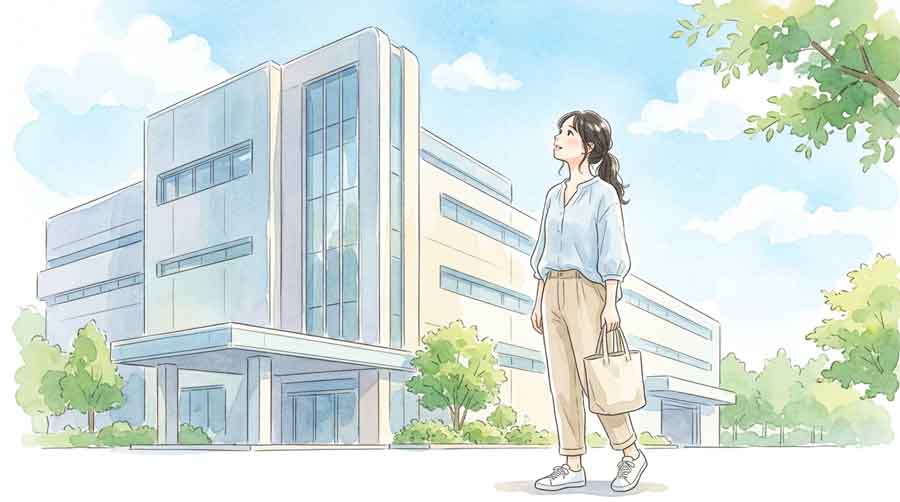 工場や企業のビルを背景に考える女性のイラスト、初夏の街並み