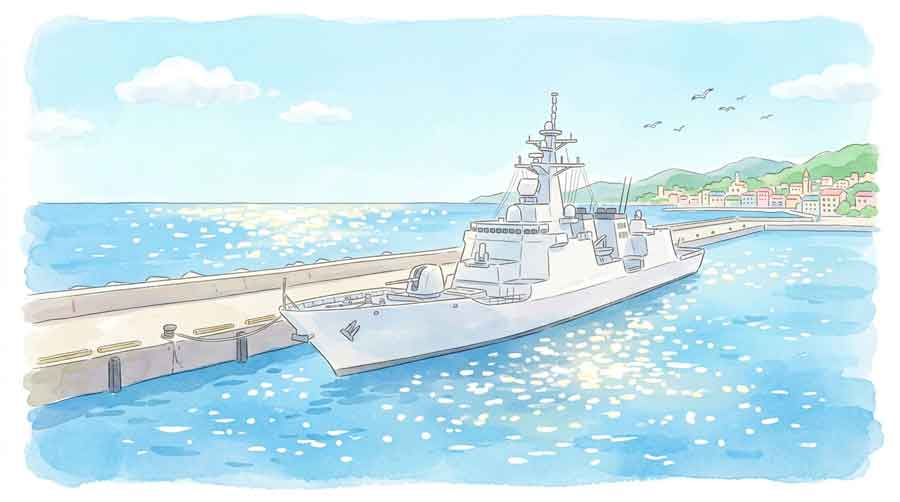 海洋都市の港に停泊する近代的な船のイラスト、澄んだ空と海