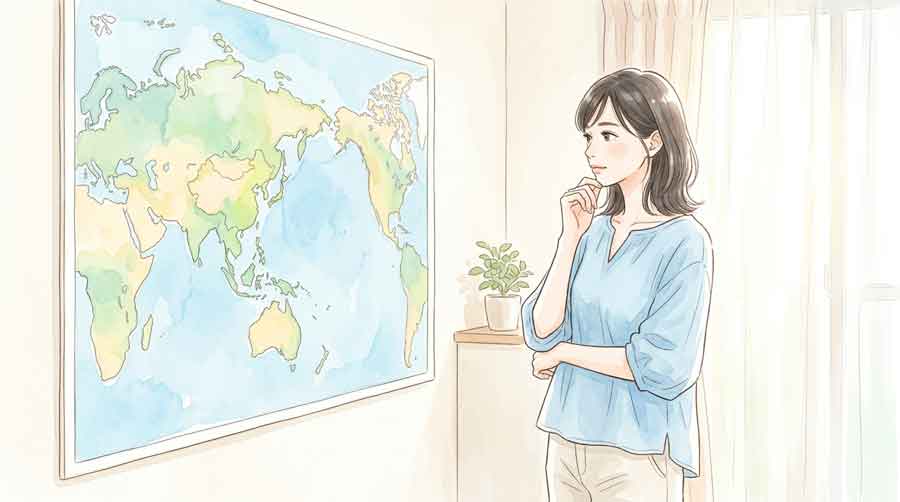 地図の前で考える女性のイラスト、アジア周辺のマップを眺めている