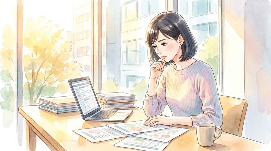 書類を前に真剣に考える女性のイラスト、明るいオフィス