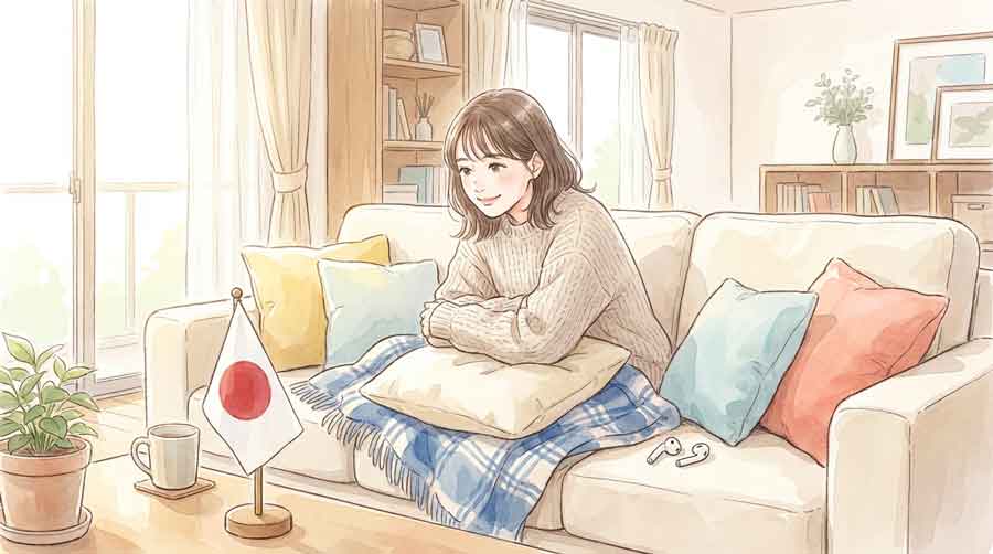 応援グッズを手にソファでくつろぐ女性