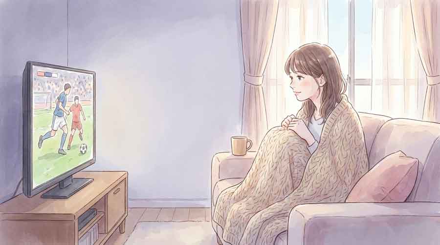 早朝の部屋でテレビ中継を見ながら応援する女性