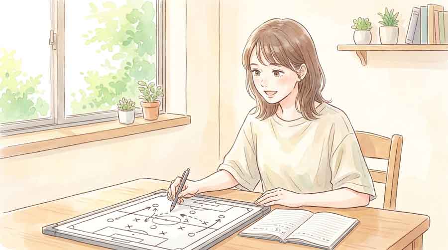 サッカーのフォーメーション図を見ながら戦術を考える女性