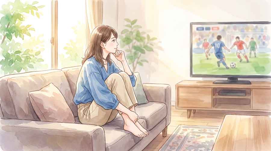 過去のW杯の試合映像を振り返りながら考え込む女性