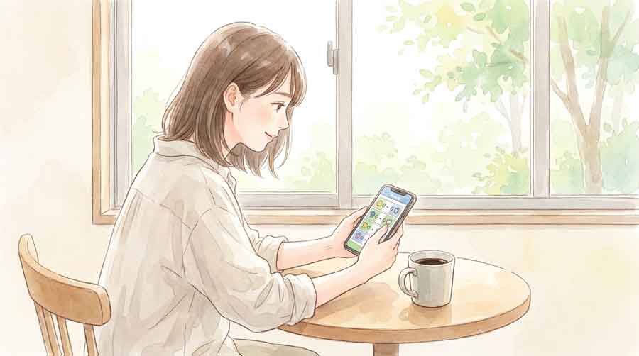 スマートフォンでW杯日本代表の試合スケジュールを確認する女性