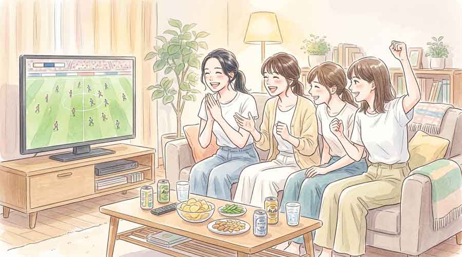 友人とサッカー観戦をして盛り上がる女性たち