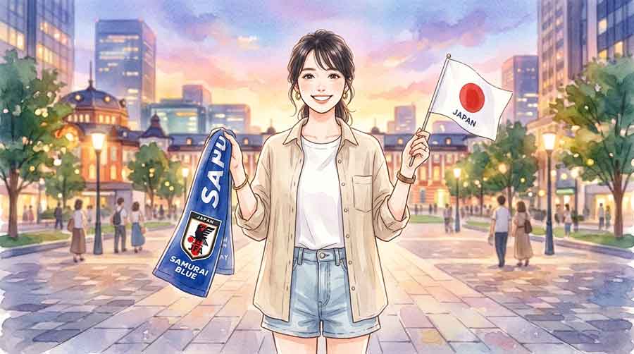 スポーツ観戦グッズを手に持って笑顔の日本人女性