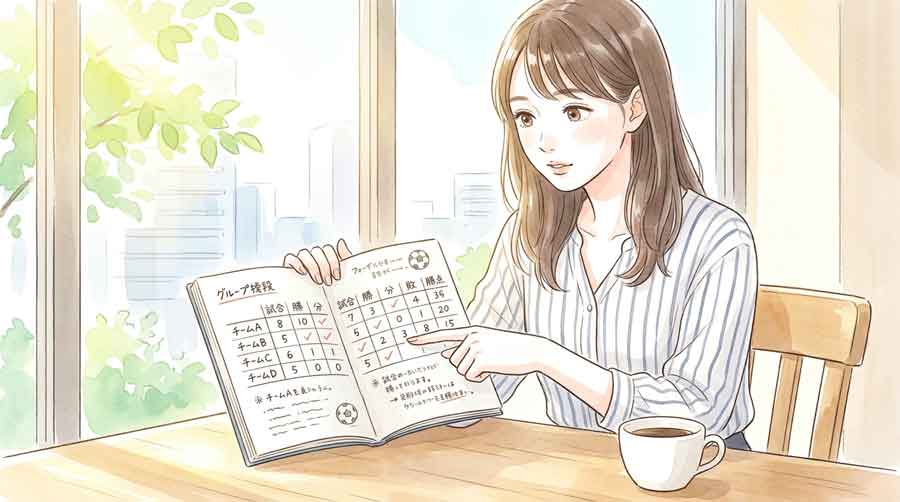 カフェでノートを広げてサッカーのグループ表を確認する女性