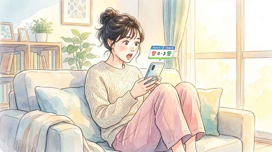 スマートフォンで試合結果を確認して驚く日本人女性